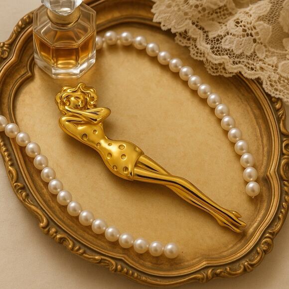 Vintage AJC Goldtone Woman in Sunglasses Brooch Mod Art Deco Style Pin 2 7/8” - Picture 1 of 4